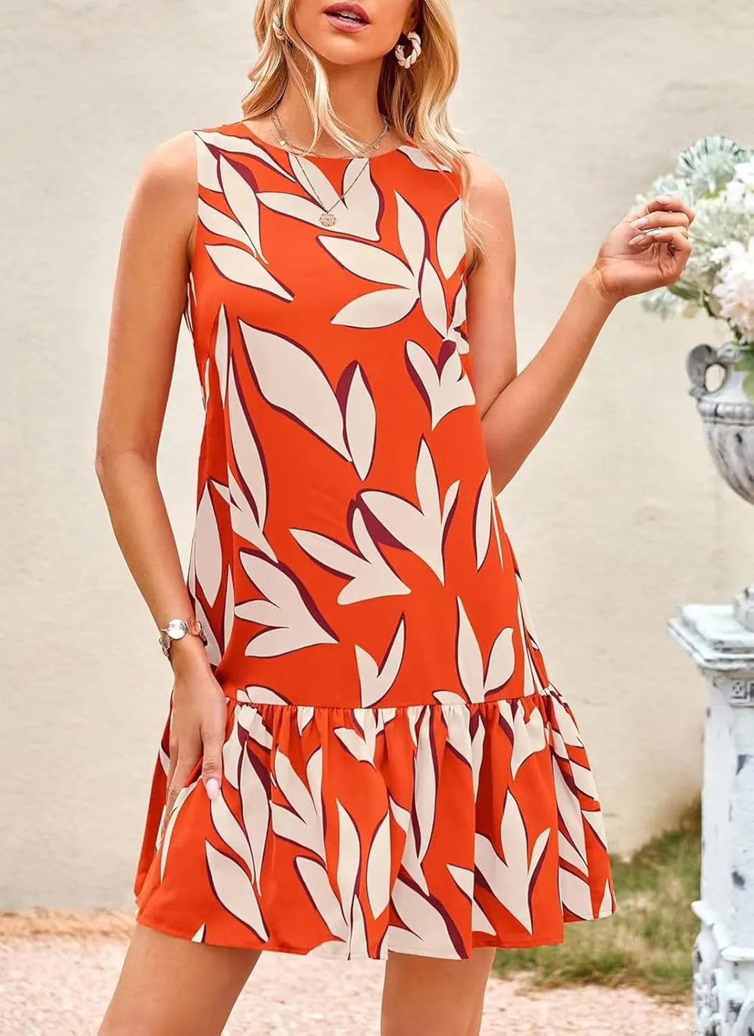 Women's Summer Floral Dress Sleeveless Cut Out Backless Ruffle Hem Boho Dresses Beach Vacation Mini Sundresses
