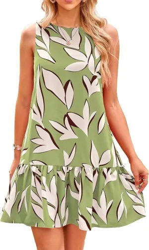 Women's Summer Floral Dress Sleeveless Cut Out Backless Ruffle Hem Boho Dresses Beach Vacation Mini Sundresses
