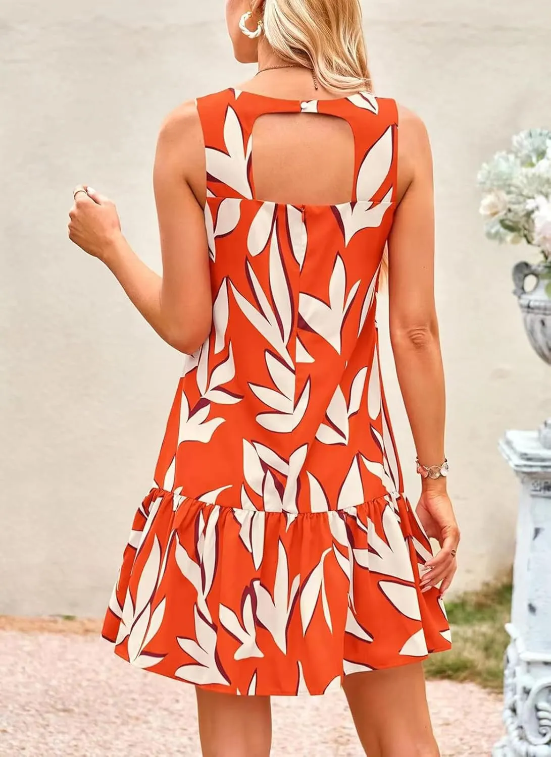 Women's Summer Floral Dress Sleeveless Cut Out Backless Ruffle Hem Boho Dresses Beach Vacation Mini Sundresses