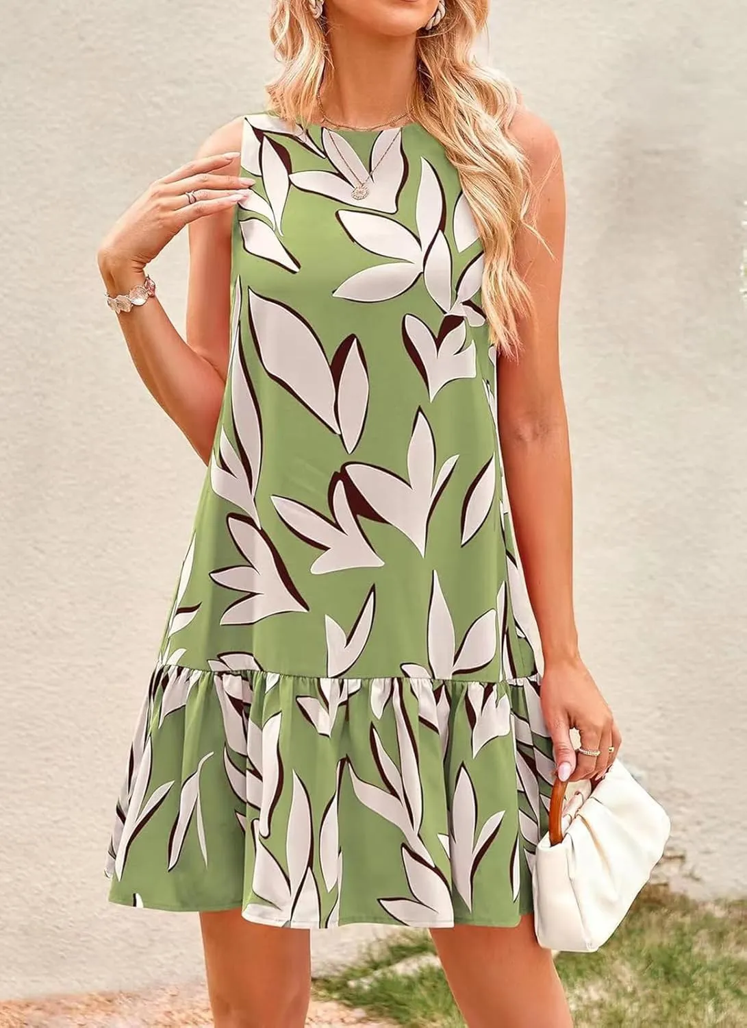Women's Summer Floral Dress Sleeveless Cut Out Backless Ruffle Hem Boho Dresses Beach Vacation Mini Sundresses