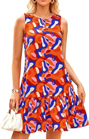 Women's Summer Floral Dress Sleeveless Cut Out Backless Ruffle Hem Boho Dresses Beach Vacation Mini Sundresses