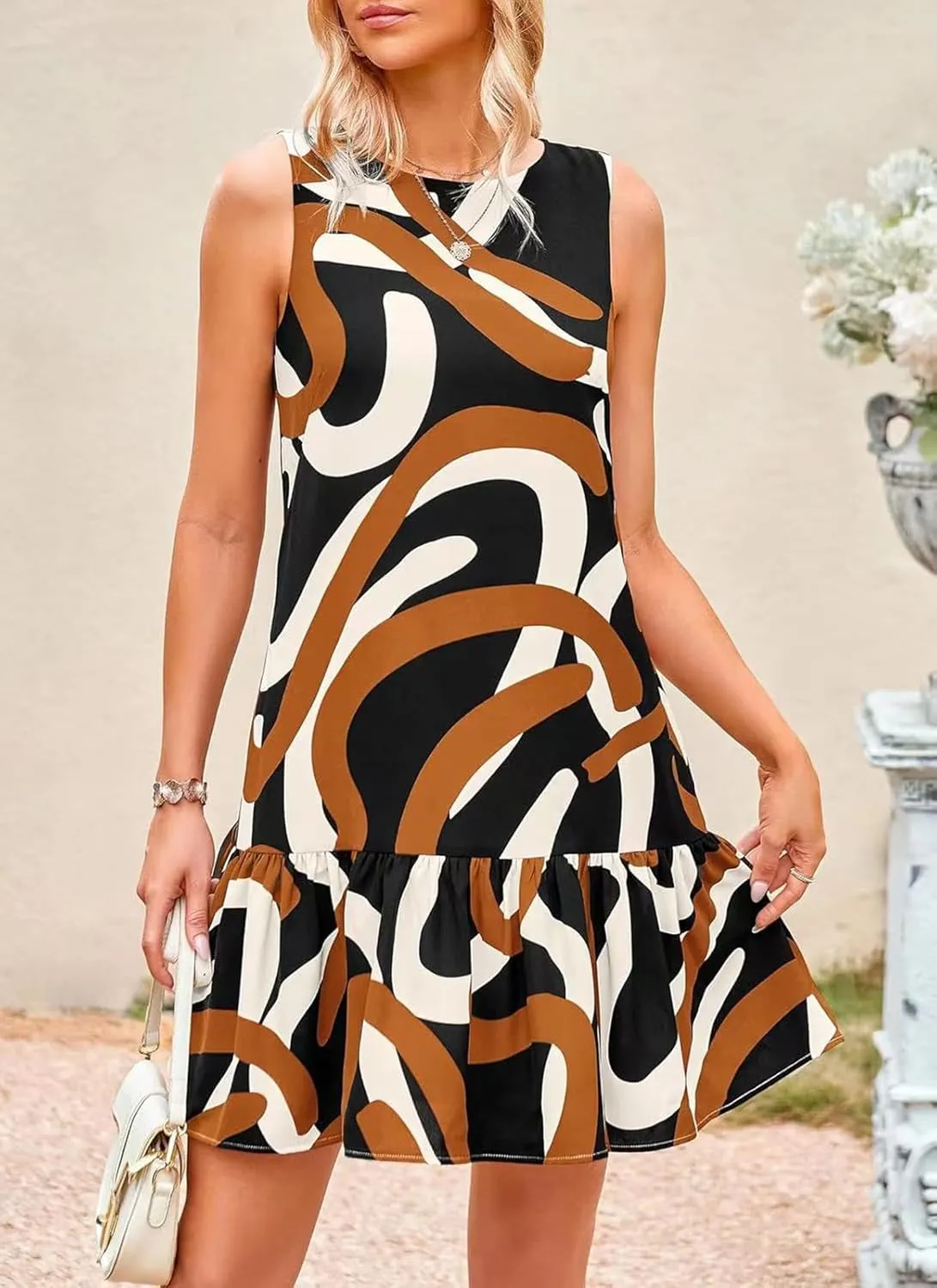 Women's Summer Floral Dress Sleeveless Cut Out Backless Ruffle Hem Boho Dresses Beach Vacation Mini Sundresses