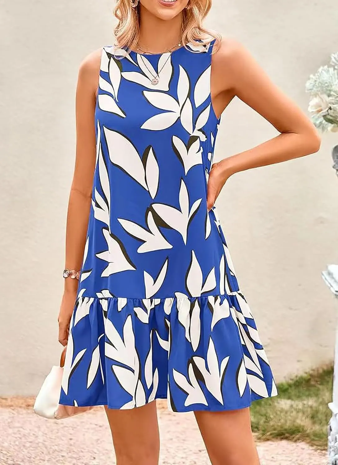 Women's Summer Floral Dress Sleeveless Cut Out Backless Ruffle Hem Boho Dresses Beach Vacation Mini Sundresses