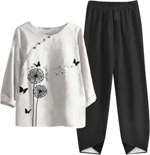 Womens Summer Linen Sets 2 Piece Lounge Sets Half Sleeve T Shirts with Cotton Linen Pants Plus Size Vacation Outfits