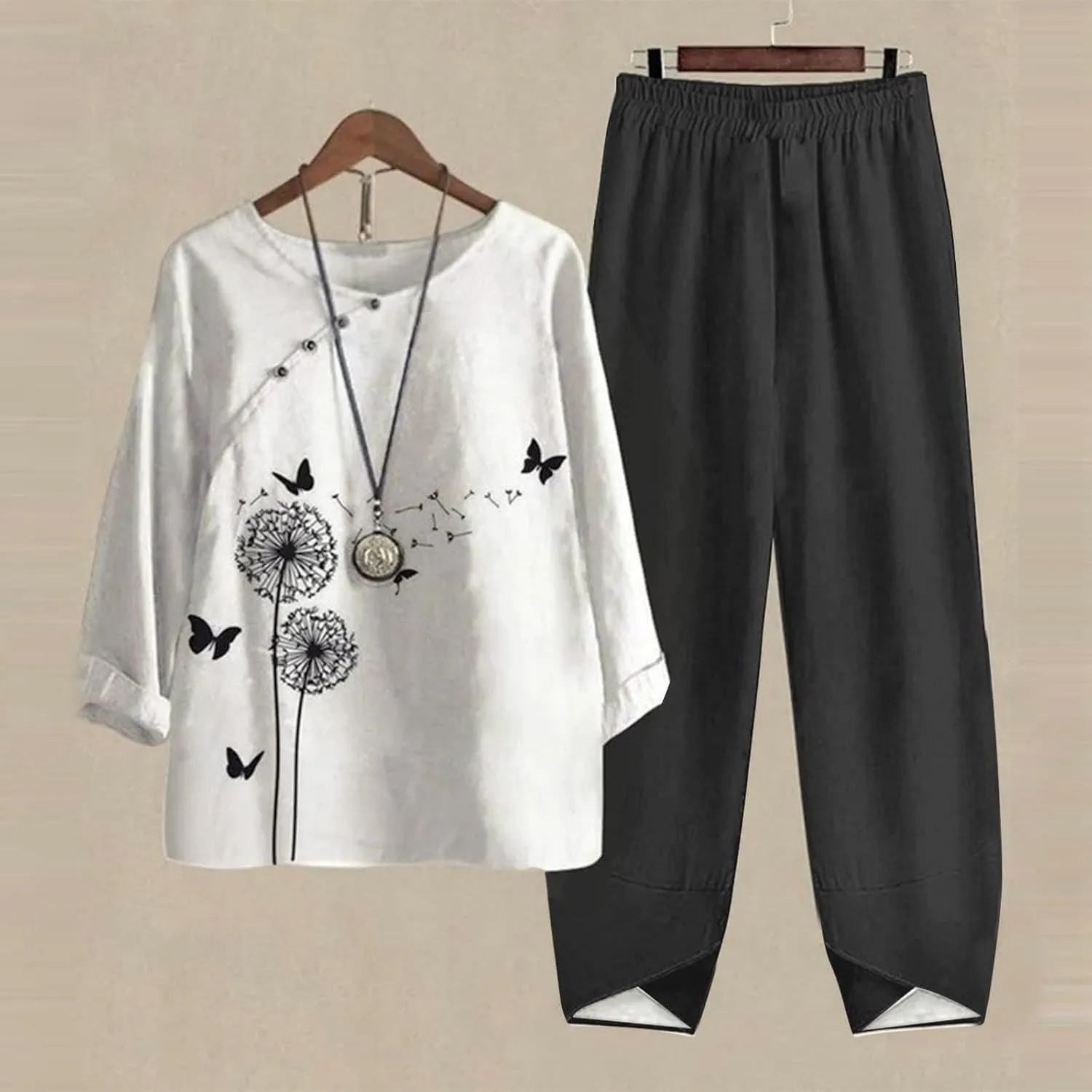 Womens Summer Linen Sets 2 Piece Lounge Sets Half Sleeve T Shirts with Cotton Linen Pants Plus Size Vacation Outfits
