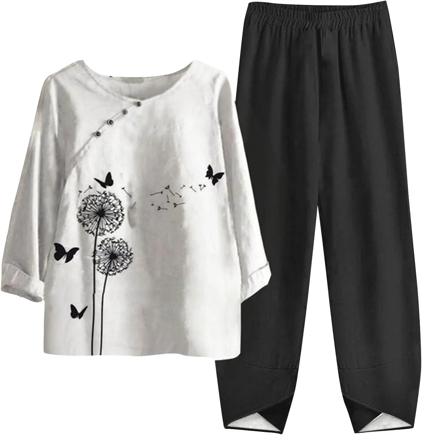 Womens Summer Linen Sets 2 Piece Lounge Sets Half Sleeve T Shirts with Cotton Linen Pants Plus Size Vacation Outfits