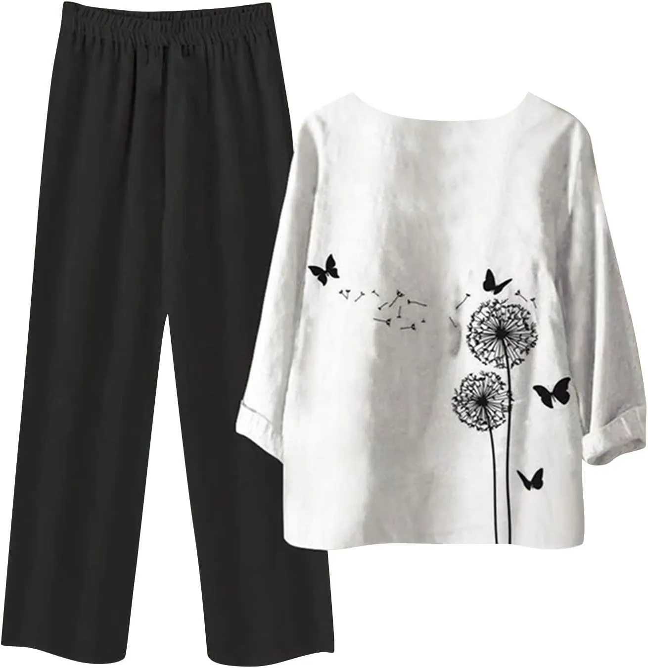 Womens Summer Linen Sets 2 Piece Lounge Sets Half Sleeve T Shirts with Cotton Linen Pants Plus Size Vacation Outfits