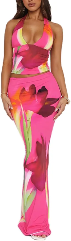 Womens Summer Skirt Outfits Sleeveless Floral Top Maxi Wrap Skirt Sets Sexy Vacation Beach Skirt Outfits