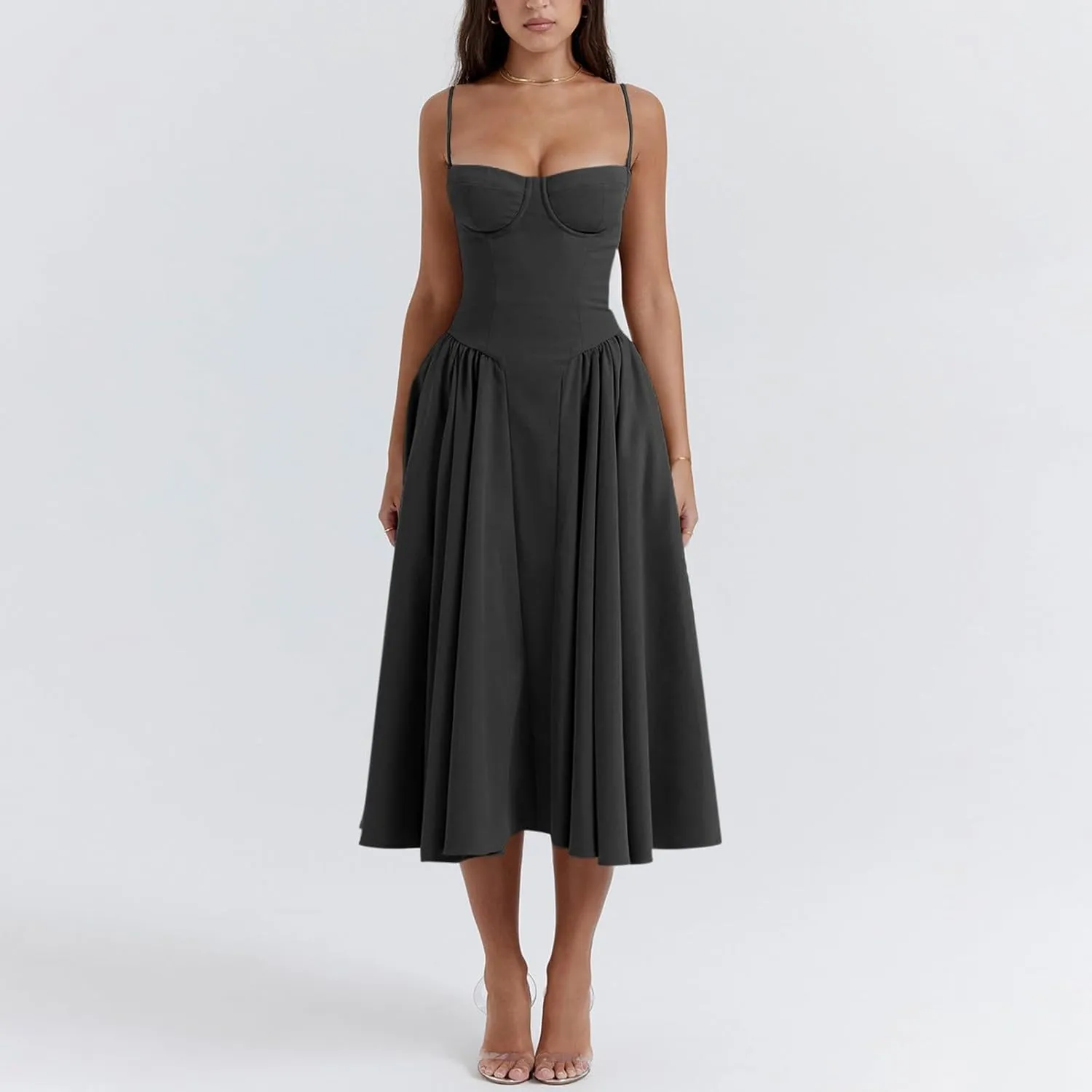 Women's Summer Spaghetti Straps Sleeveless Backless Sundress Flowy Smocked Lace Swing A Line Midi Tank Dress
