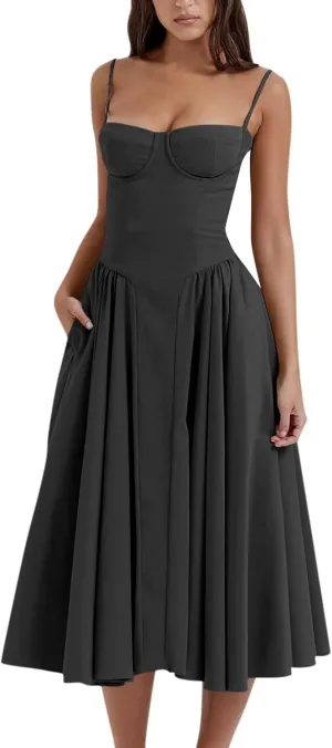 Women's Summer Spaghetti Straps Sleeveless Backless Sundress Flowy Smocked Lace Swing A Line Midi Tank Dress