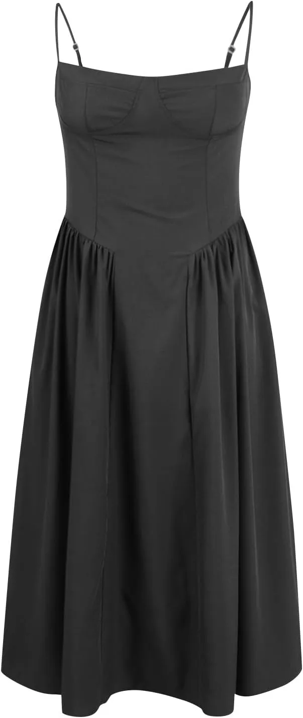 Women's Summer Spaghetti Straps Sleeveless Backless Sundress Flowy Smocked Lace Swing A Line Midi Tank Dress