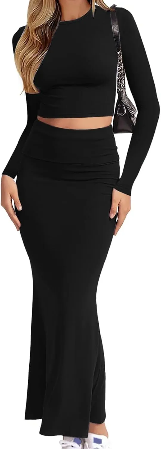 Womens Two Piece Outfits Dressy Sets Long Sleeve Crewneck Cropped Top Bodycon Maxi Skirt Outfits Matching Sets 2024