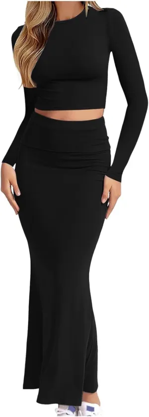 Womens Two Piece Outfits Dressy Sets Long Sleeve Crewneck Cropped Top Bodycon Maxi Skirt Outfits Matching Sets 2024