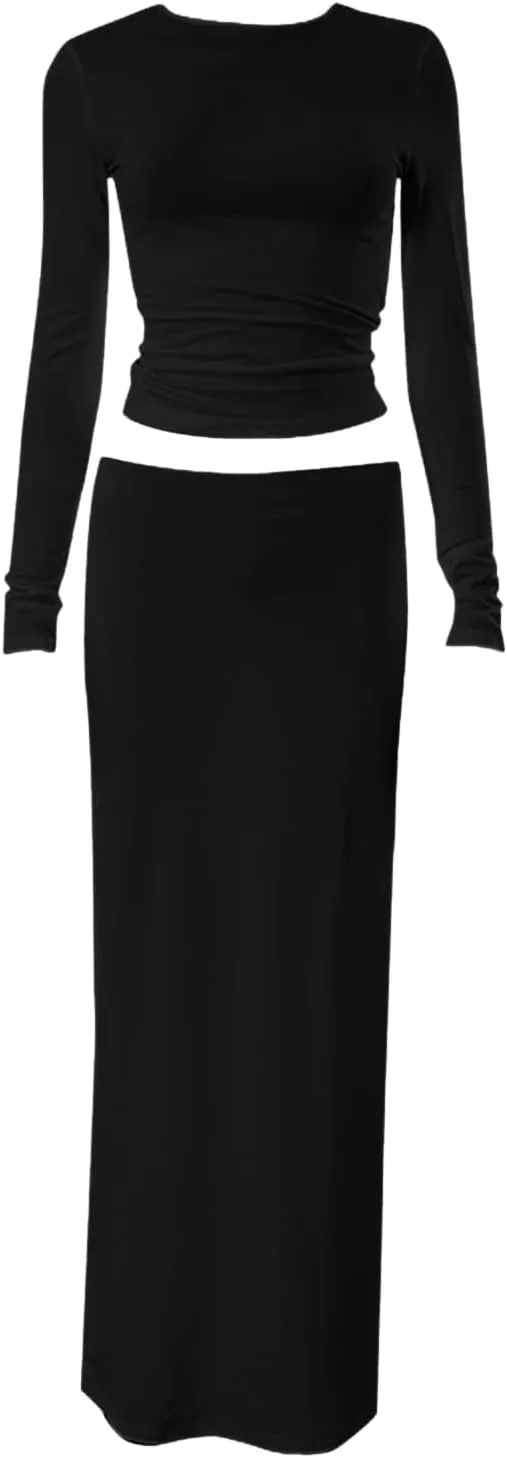 Womens Two Piece Outfits Dressy Sets Long Sleeve Crewneck Cropped Top Bodycon Maxi Skirt Outfits Matching Sets 2024