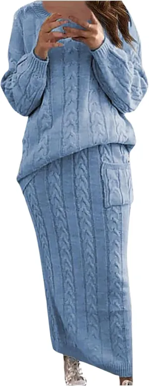 Womens Two Piece Sweater Set Long Sleeve Crewneck Oversized Knit Tops And Bodycon Maxi Skirt Dress Outfits 2024