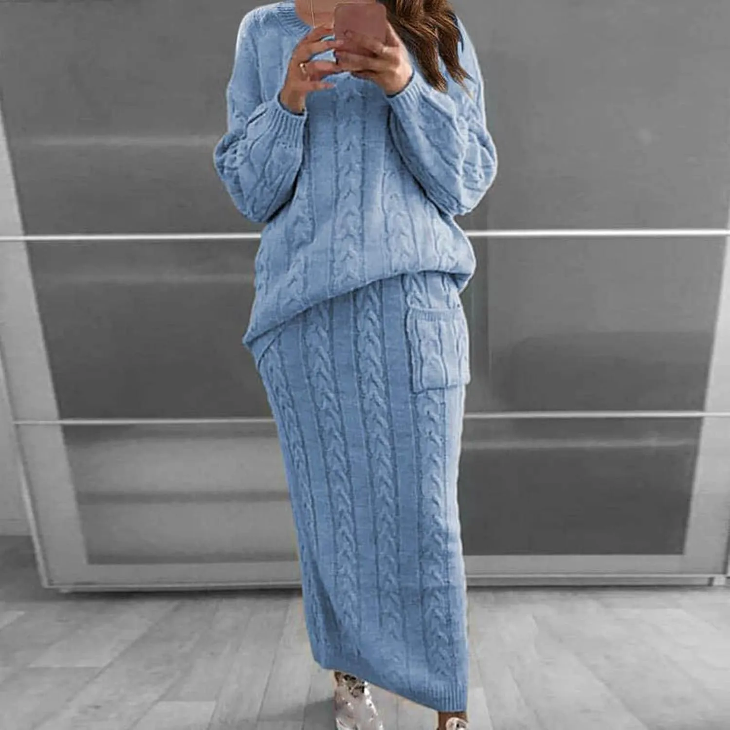 Womens Two Piece Sweater Set Long Sleeve Crewneck Oversized Knit Tops And Bodycon Maxi Skirt Dress Outfits 2024