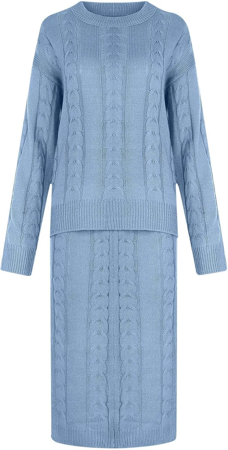 Womens Two Piece Sweater Set Long Sleeve Crewneck Oversized Knit Tops And Bodycon Maxi Skirt Dress Outfits 2024