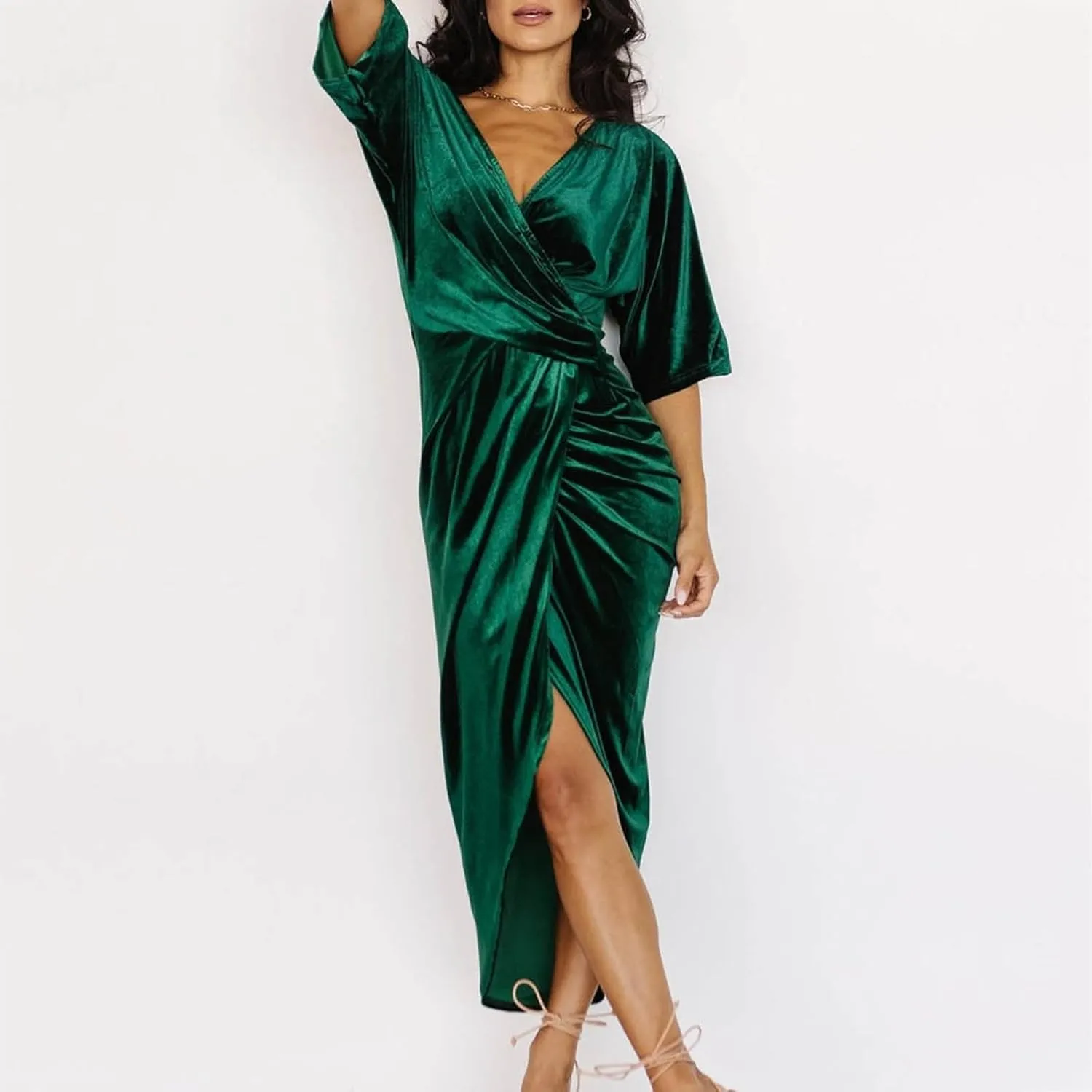 Women's V Neck Sexy Irregular Skirt Evening Dress Gold Velvet Dress Casual Skirts for Women 2024