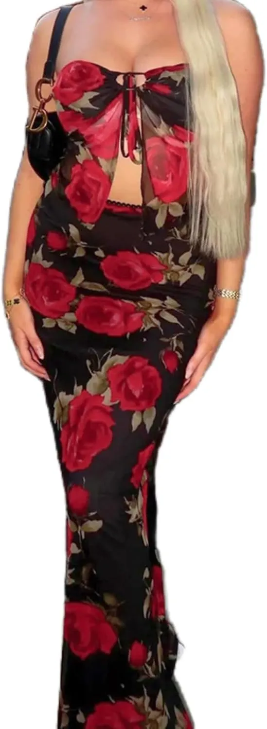 Womens Vacation Maxi Skirt Outfits Floral Printed Tube Top Maxi Skirts Mesh Summer Travel Outfits