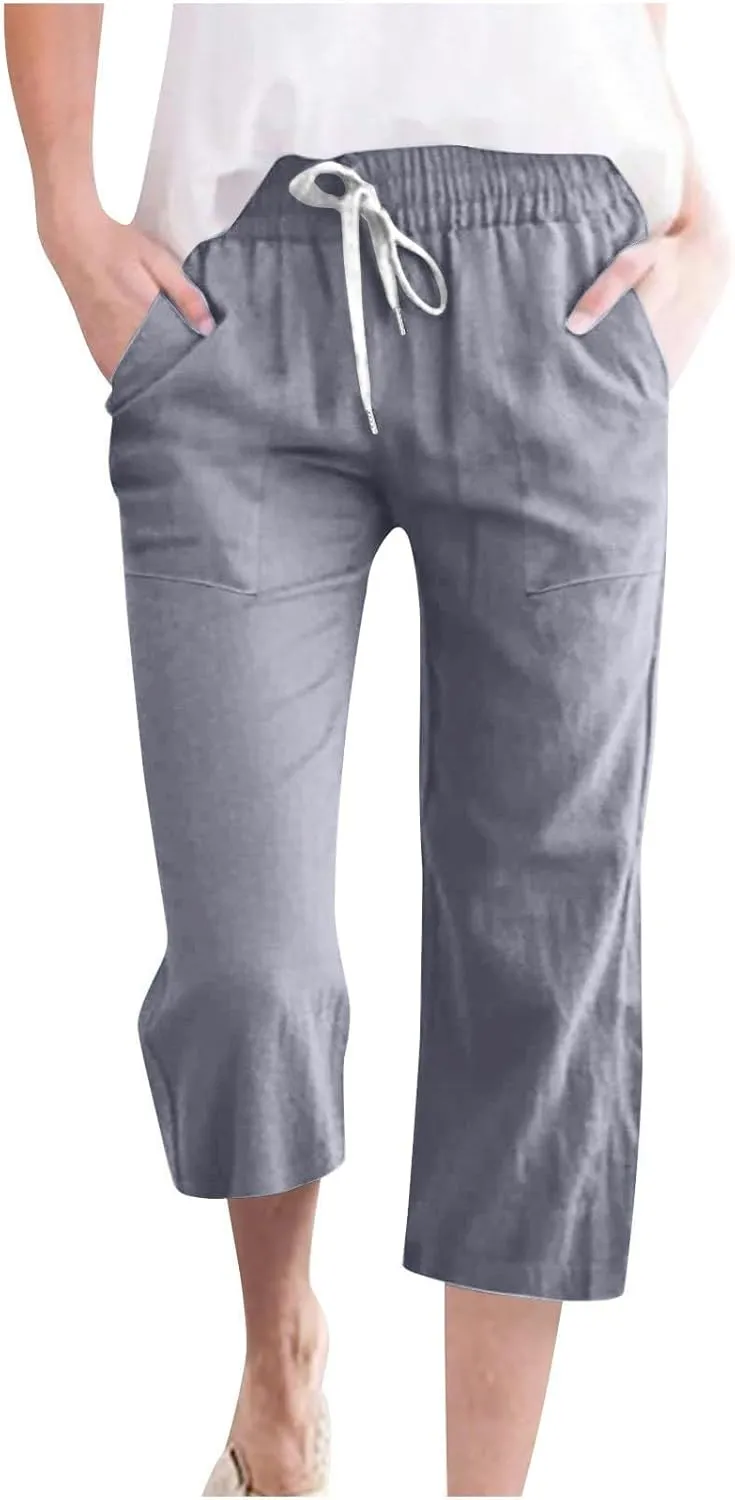 Womens Wide Leg Cotton Linen Pants Summer Casual High Waisted Palazzo Pant Work Tie Knot Trousers with Pocket