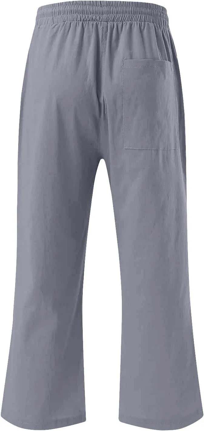 Womens Wide Leg Cotton Linen Pants Summer Casual High Waisted Palazzo Pant Work Tie Knot Trousers with Pocket