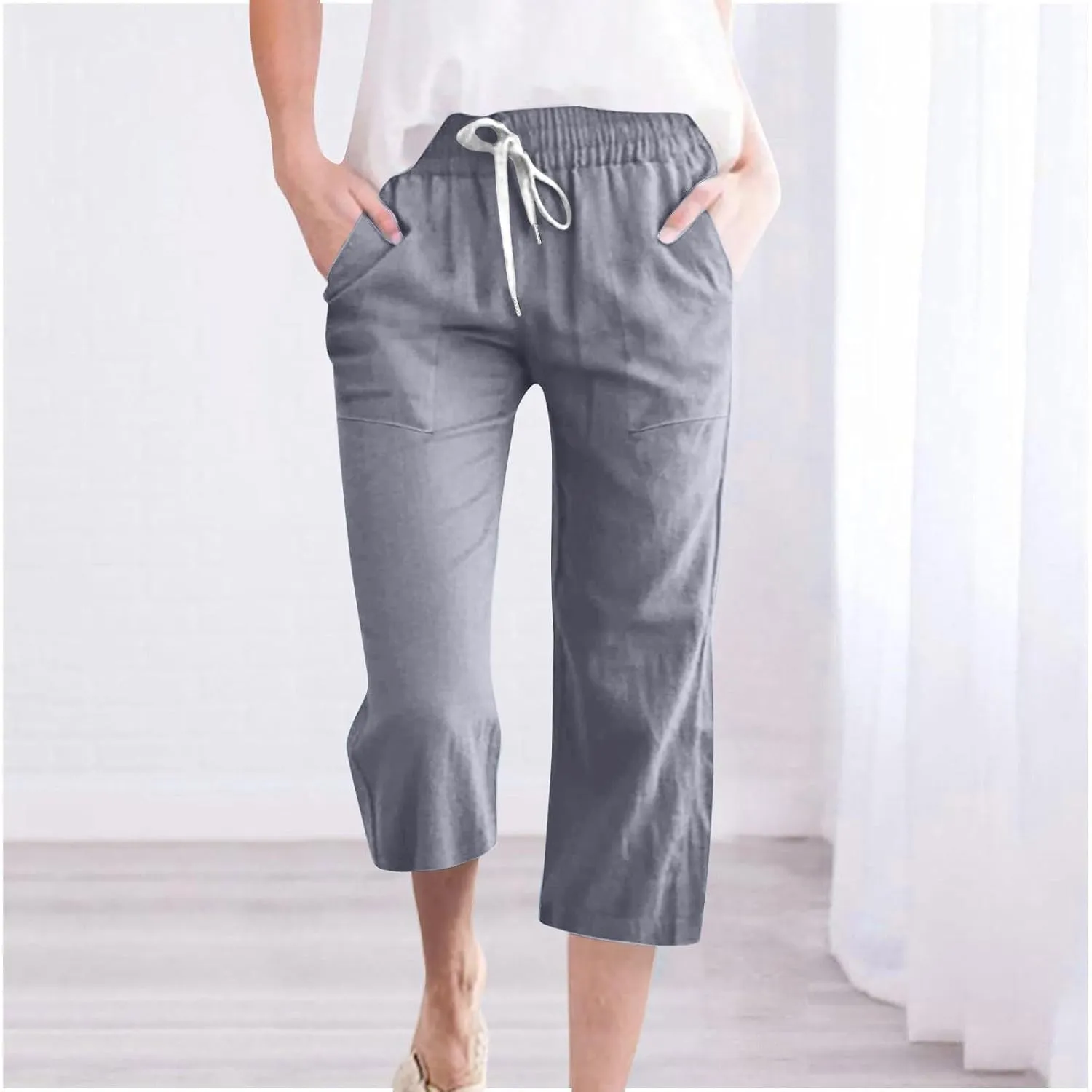 Womens Wide Leg Cotton Linen Pants Summer Casual High Waisted Palazzo Pant Work Tie Knot Trousers with Pocket