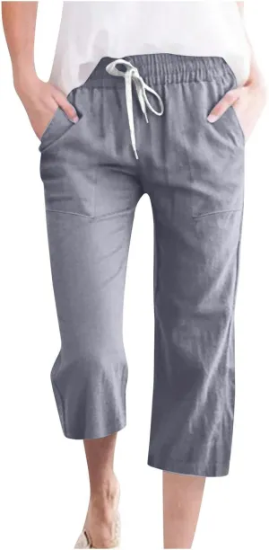 Womens Wide Leg Cotton Linen Pants Summer Casual High Waisted Palazzo Pant Work Tie Knot Trousers with Pocket
