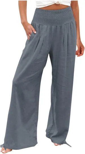 Women's Wide Leg Pants Summer 2025 Pleated Elastic Waist Linen Casual Lounge Pant 2025 Palazzo Trousers Loose Outfits
