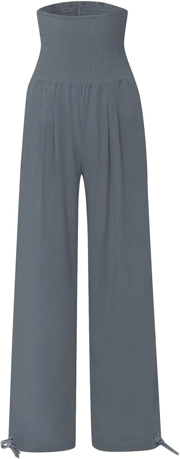 Women's Wide Leg Pants Summer 2025 Pleated Elastic Waist Linen Casual Lounge Pant 2025 Palazzo Trousers Loose Outfits