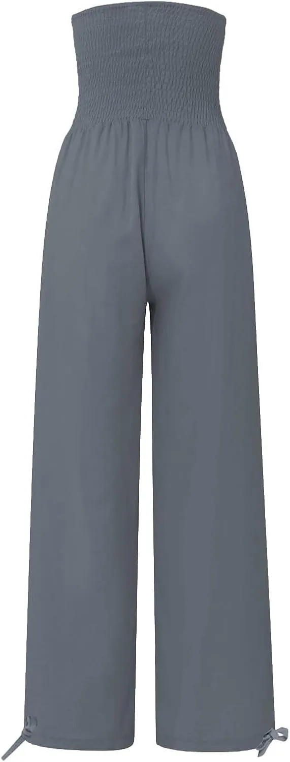Women's Wide Leg Pants Summer 2025 Pleated Elastic Waist Linen Casual Lounge Pant 2025 Palazzo Trousers Loose Outfits