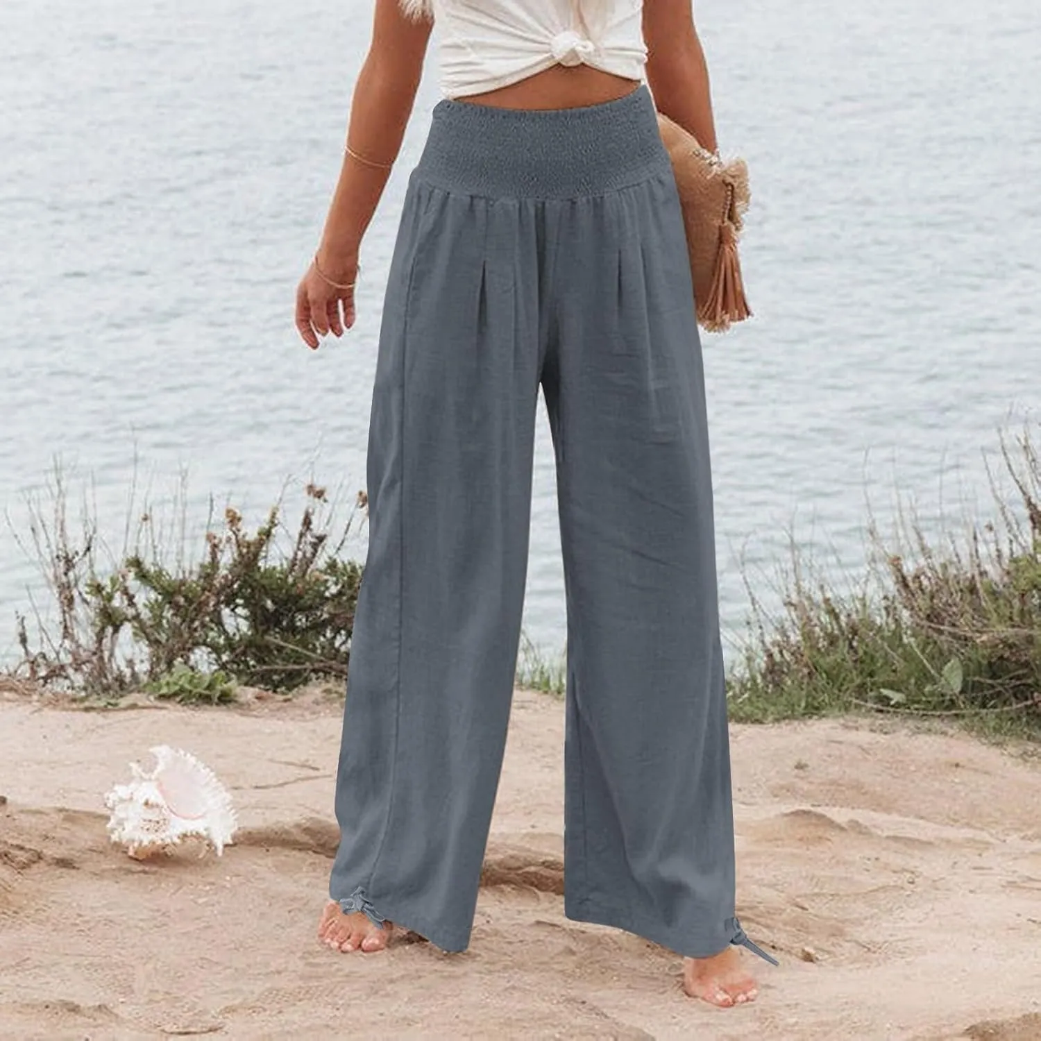 Women's Wide Leg Pants Summer 2025 Pleated Elastic Waist Linen Casual Lounge Pant 2025 Palazzo Trousers Loose Outfits