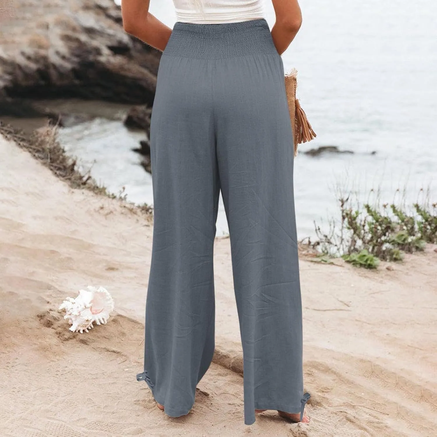 Women's Wide Leg Pants Summer 2025 Pleated Elastic Waist Linen Casual Lounge Pant 2025 Palazzo Trousers Loose Outfits
