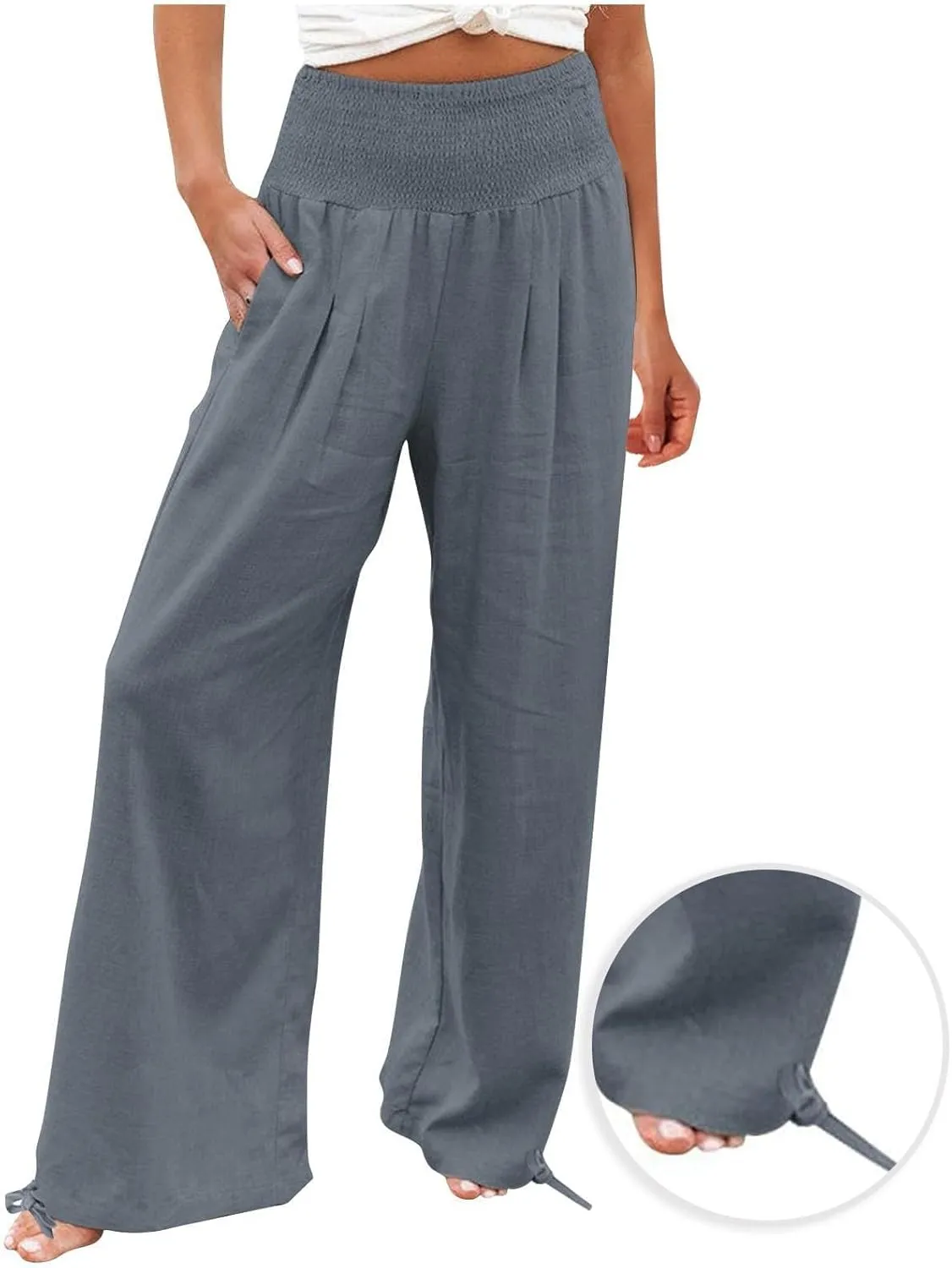 Women's Wide Leg Pants Summer 2025 Pleated Elastic Waist Linen Casual Lounge Pant 2025 Palazzo Trousers Loose Outfits