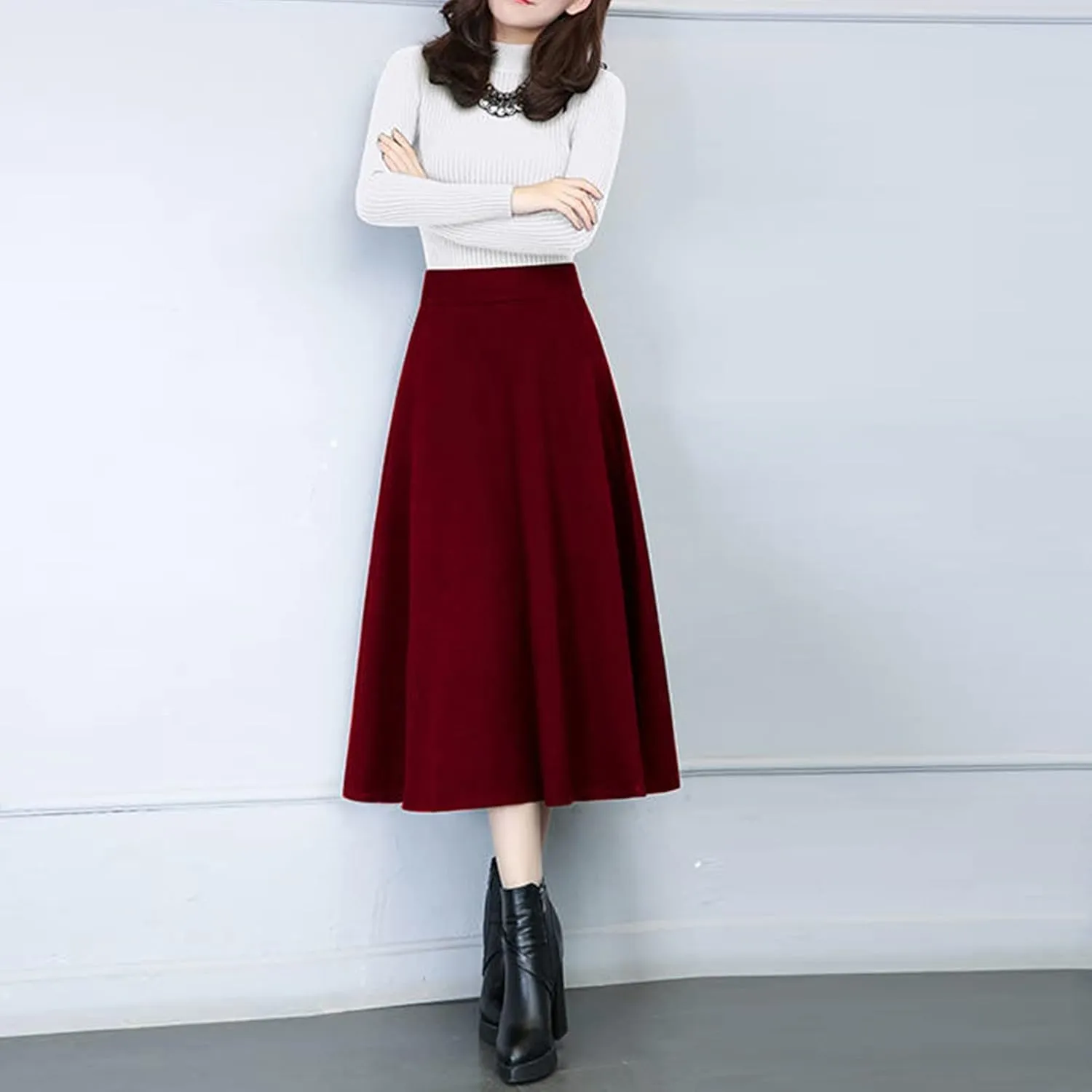 Womens Winter Vintage High Elastic Waist A Line Pleated Wool Midi Skirt 50S Pleated Midi Skirt A-Line Vintage Swing Skirt