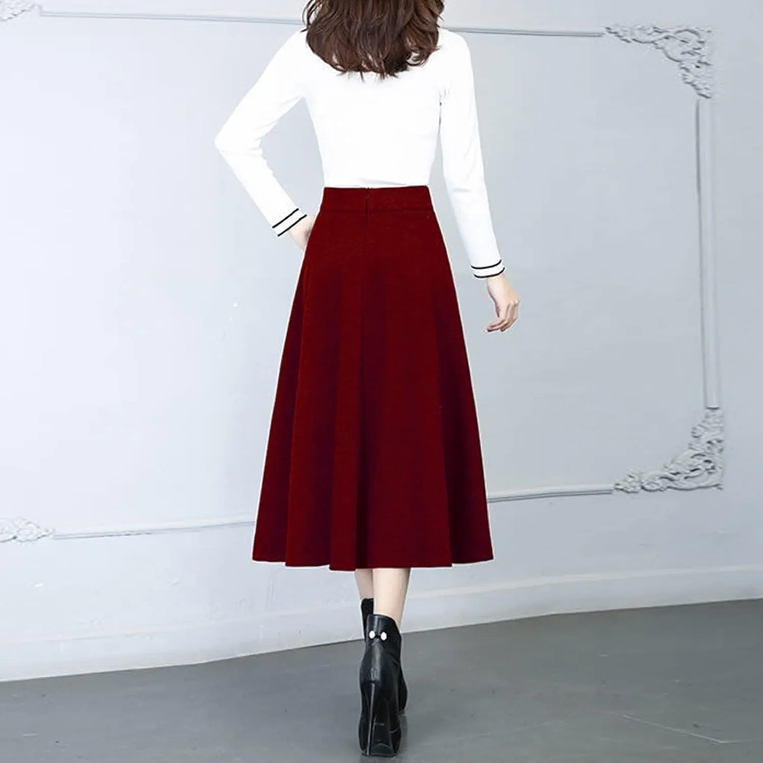 Womens Winter Vintage High Elastic Waist A Line Pleated Wool Midi Skirt 50S Pleated Midi Skirt A-Line Vintage Swing Skirt