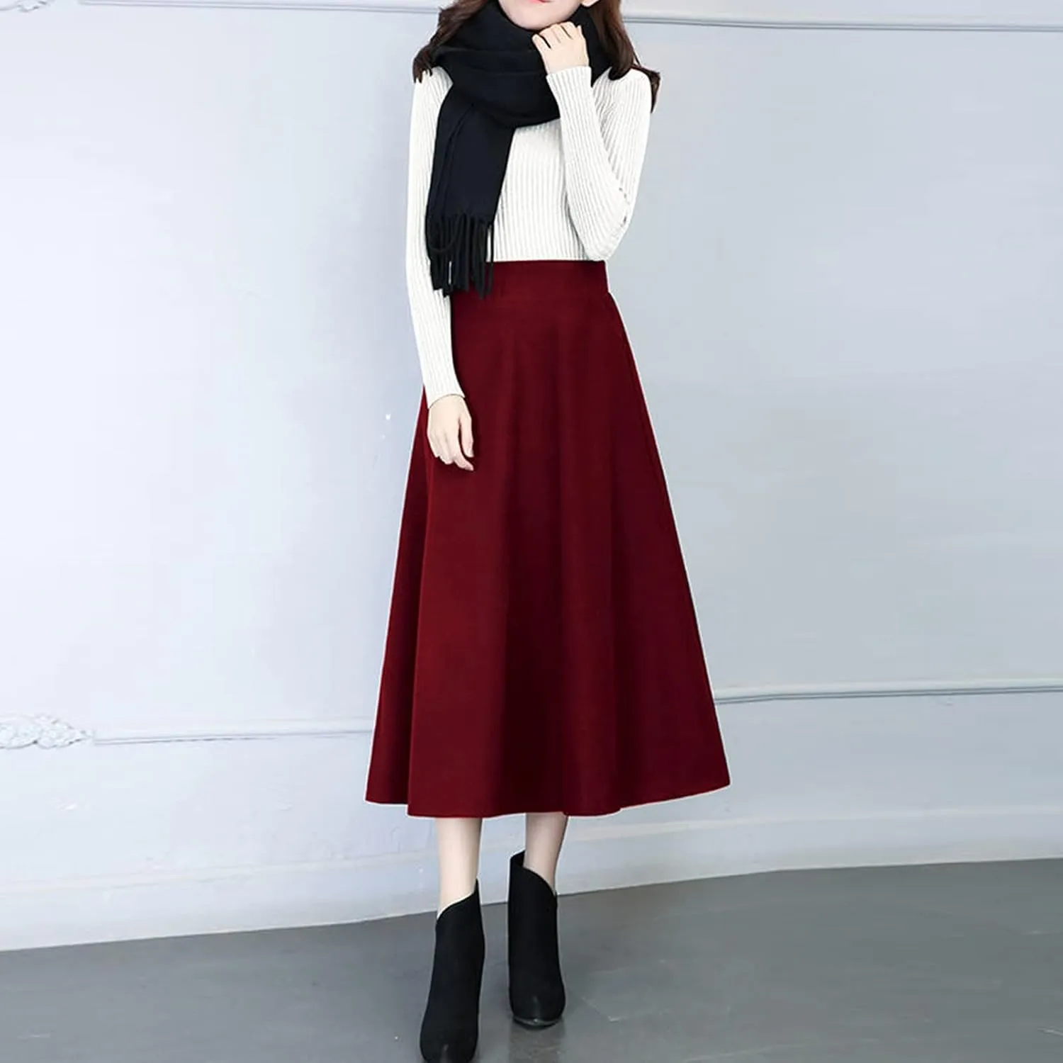 Womens Winter Vintage High Elastic Waist A Line Pleated Wool Midi Skirt 50S Pleated Midi Skirt A-Line Vintage Swing Skirt