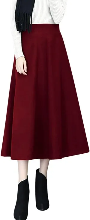Womens Winter Vintage High Elastic Waist A Line Pleated Wool Midi Skirt 50S Pleated Midi Skirt A-Line Vintage Swing Skirt