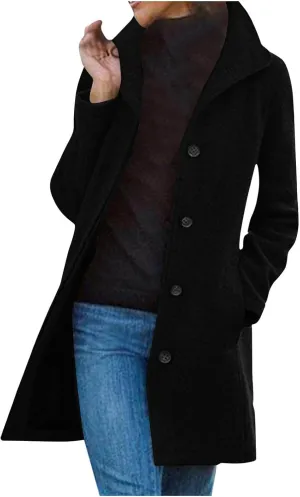 Womens Winter Wool Blend Coat Solid Single Breasted Stand Collar Pea Coat Casual Loose Thicken Warm Trench Coat