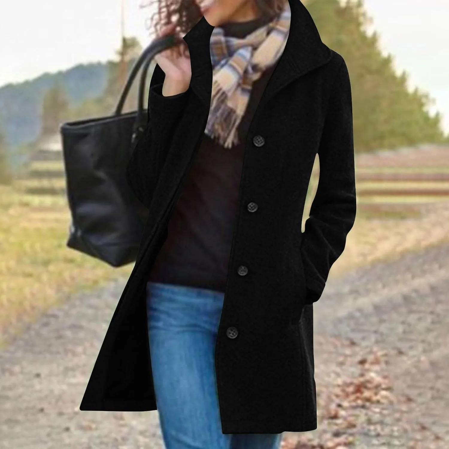 Womens Winter Wool Blend Coat Solid Single Breasted Stand Collar Pea Coat Casual Loose Thicken Warm Trench Coat