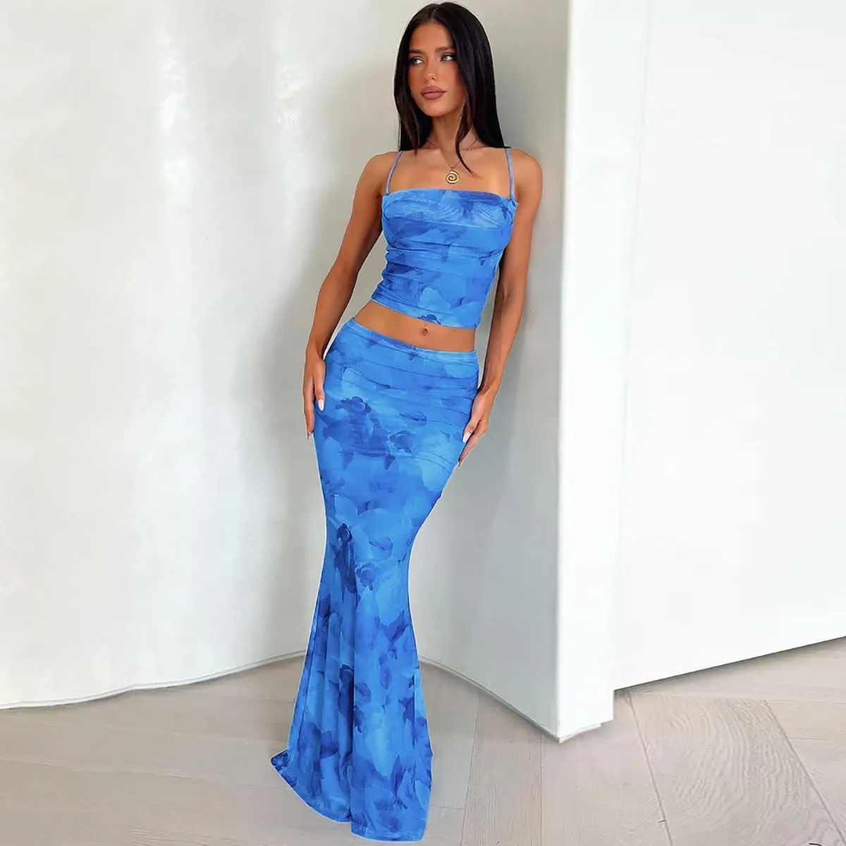 Wuitrie Two Piece Maxi Skirt Set Summer 2025 Floral Print Cropped Camisole Tops Wrap Maxi Skirts for Women Beach Outfit Sets