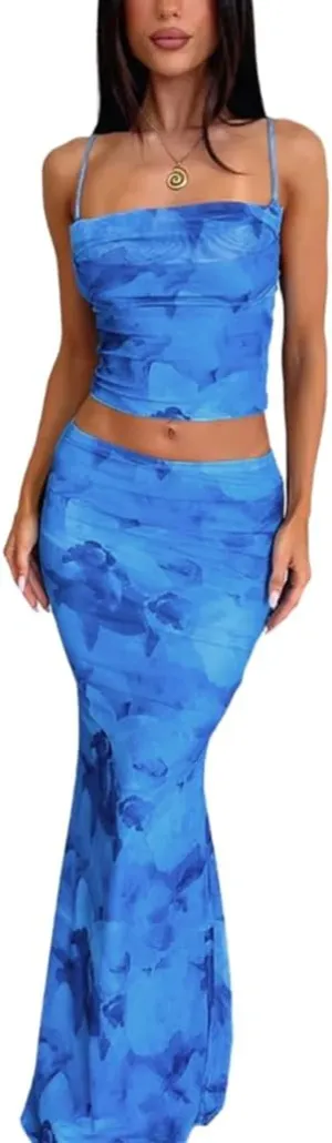 Wuitrie Two Piece Maxi Skirt Set Summer 2025 Floral Print Cropped Camisole Tops Wrap Maxi Skirts for Women Beach Outfit Sets