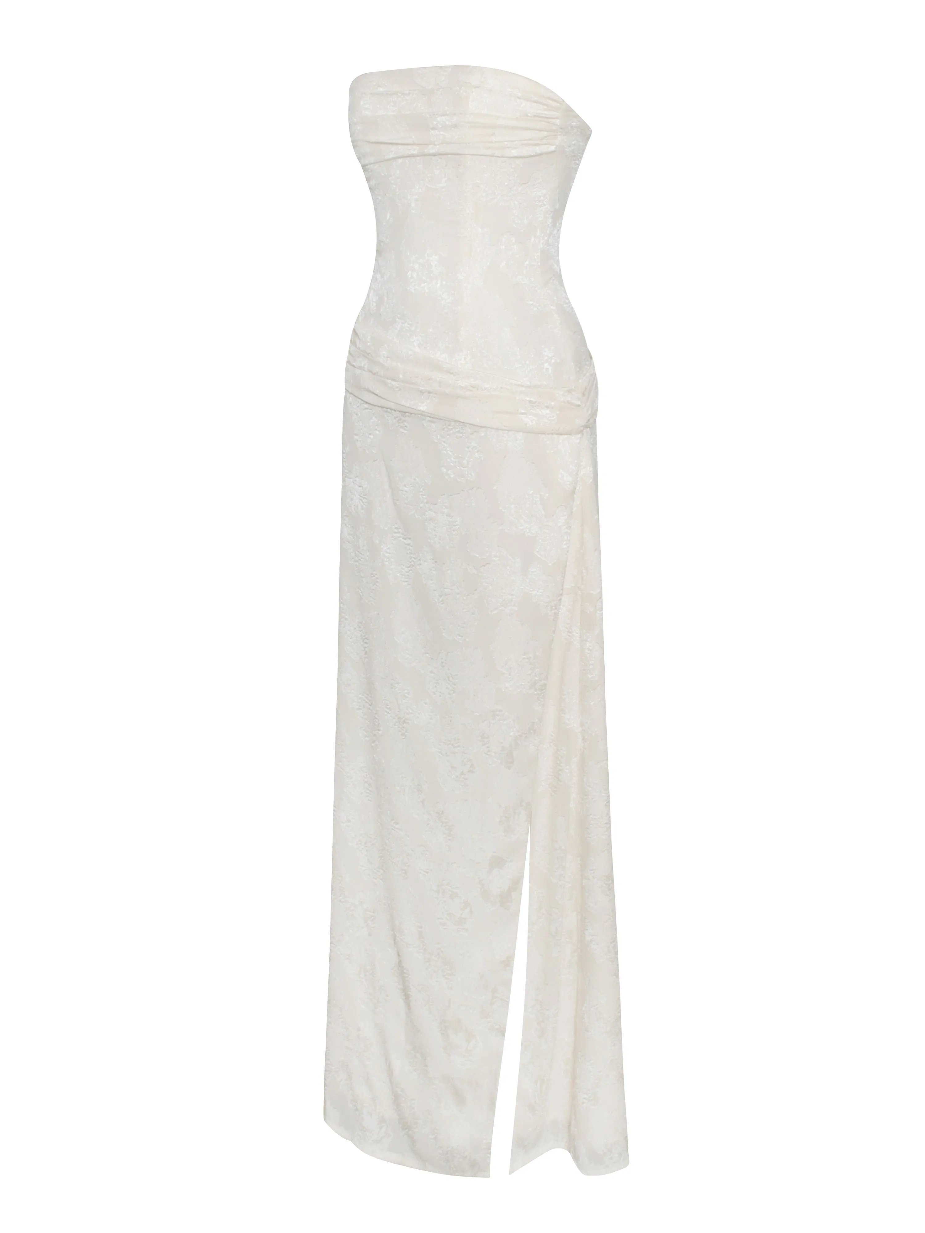 Xatia Off White Jacquard Graceful Textured High Slit Maxi Dress
