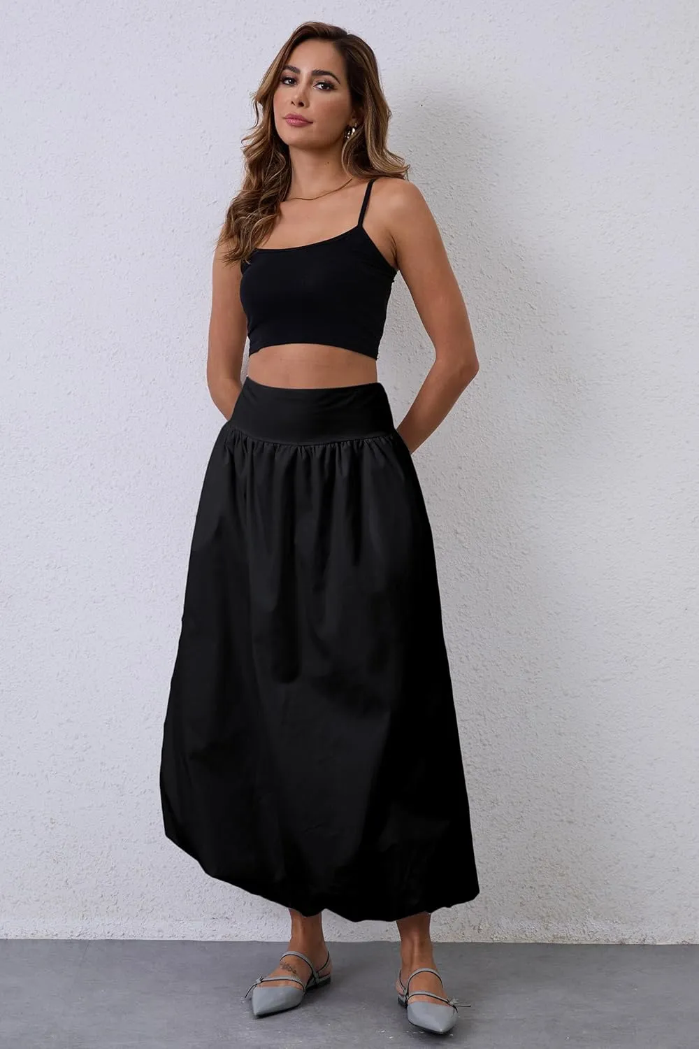 Y2K Bubble Maxi Skirts for Women A Line Long Pleated Casual Summer Skirts 2024 Elastic Waist Balloon Midi Skirt
