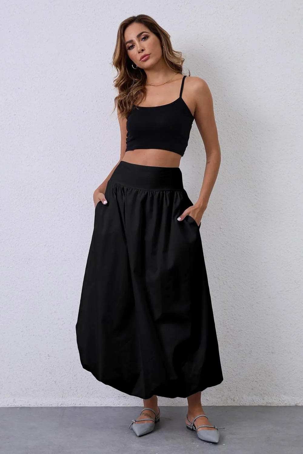 Y2K Bubble Maxi Skirts for Women A Line Long Pleated Casual Summer Skirts 2024 Elastic Waist Balloon Midi Skirt