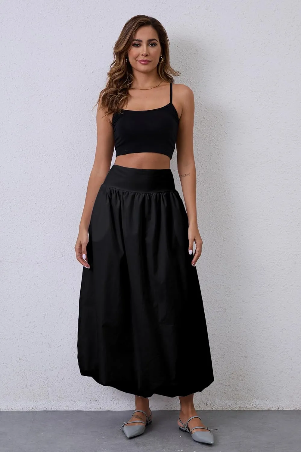 Y2K Bubble Maxi Skirts for Women A Line Long Pleated Casual Summer Skirts 2024 Elastic Waist Balloon Midi Skirt