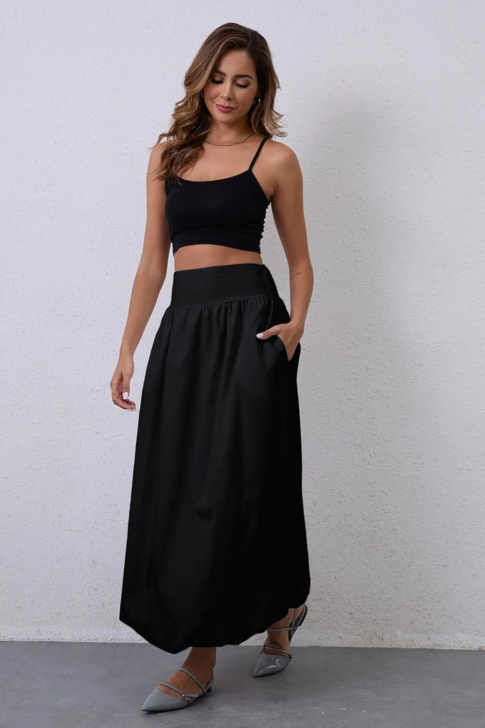 Y2K Bubble Maxi Skirts for Women A Line Long Pleated Casual Summer Skirts 2024 Elastic Waist Balloon Midi Skirt