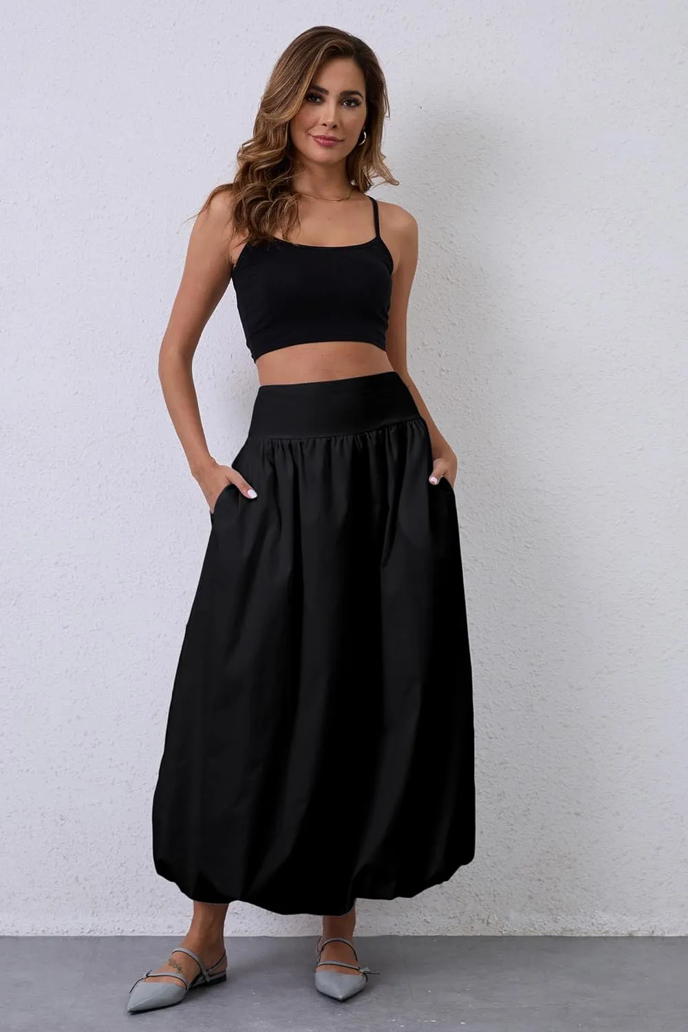 Y2K Bubble Maxi Skirts for Women A Line Long Pleated Casual Summer Skirts 2024 Elastic Waist Balloon Midi Skirt