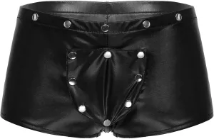 YINGJUN Mens Faux Leather Shorts Front Snap Button Underwear Elastic Waistband Briefs Exotic Apparel