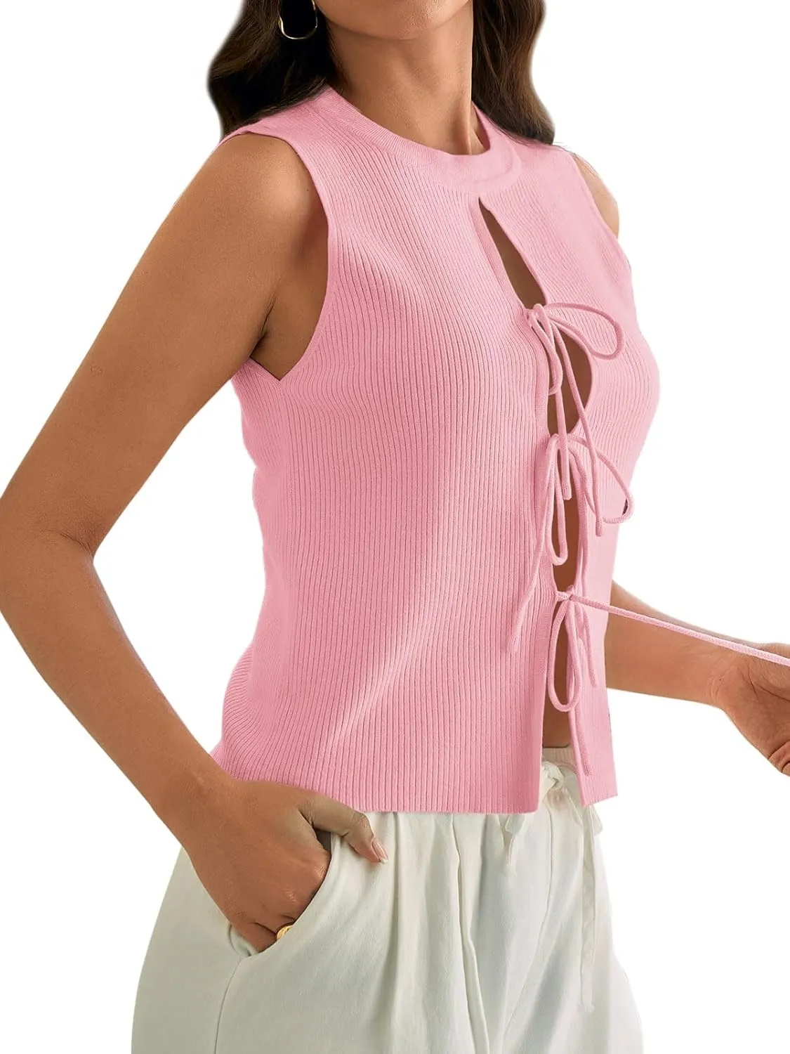 Yousify Women's Tie Front Sweater Vest Ribbed Knit Tank Tops 2025 Summer Fashion Casual Cute Bow Sleeveless Knit Vest Tops