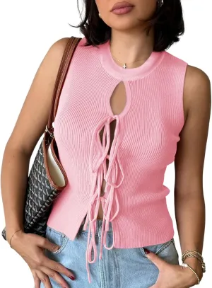 Yousify Women's Tie Front Sweater Vest Ribbed Knit Tank Tops 2025 Summer Fashion Casual Cute Bow Sleeveless Knit Vest Tops